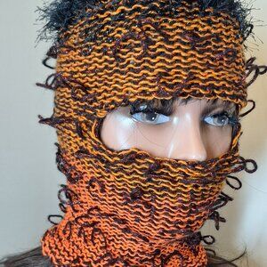 Bold Orange & Black Knit Balaclava – Avant Garde Y2K Statement Hat